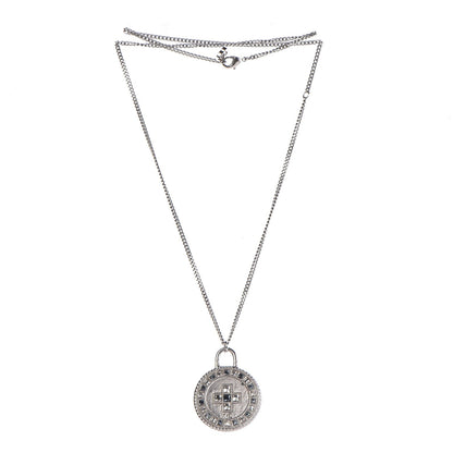 Chanel Crystal CC Medallion Necklace Silver Light Blue 3 of 7