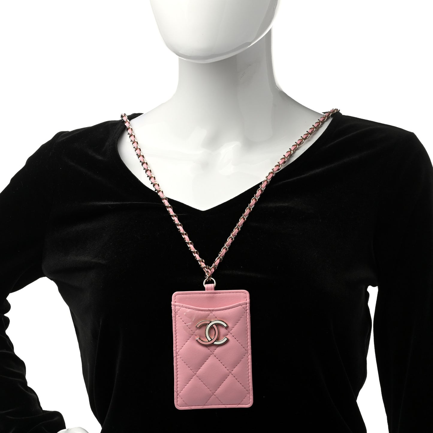 Lambskin Quilted Chanel Card Holder On Chain Pink