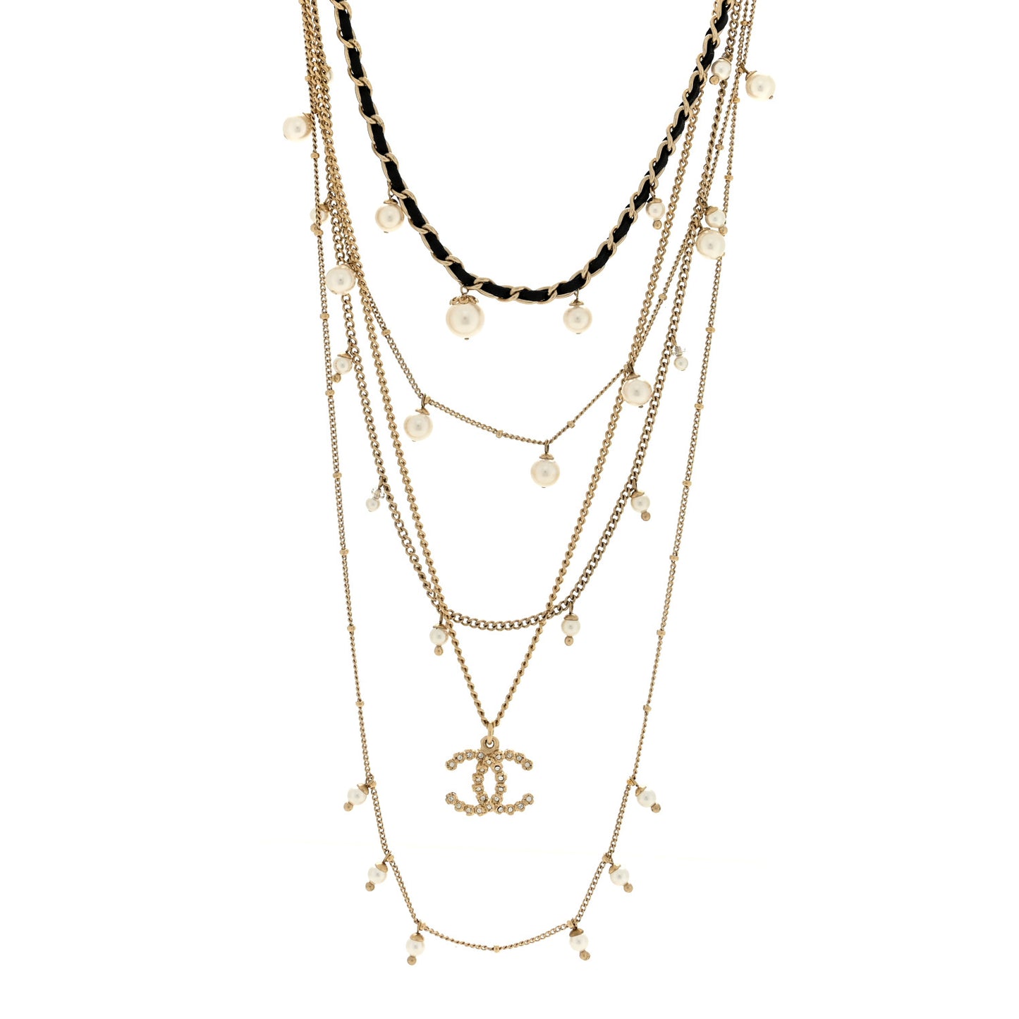 Pearl Crystal Lambskin CC Short Multi Strand Necklace Gold Black