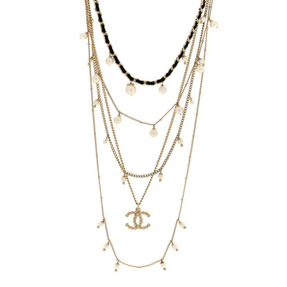 Chanel Pearl Crystal Lambskin CC Short Multi Strand Necklace Gold Black 1 of 5
