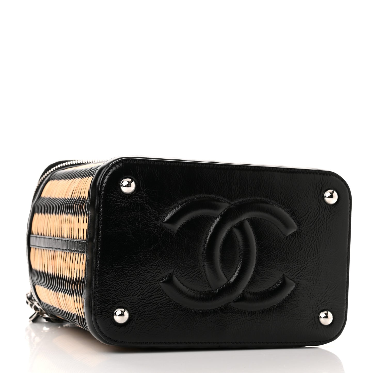 Glazed Calfskin Raffia Vanity Case Bag Black Beige