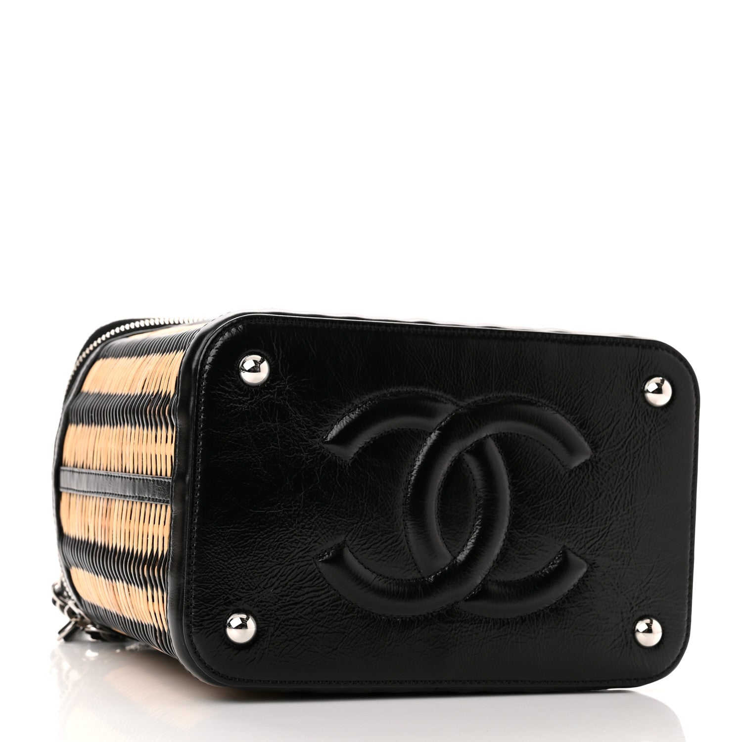 Chanel Glazed Calfskin Raffia Vanity Case Bag Black Beige 4 of 12