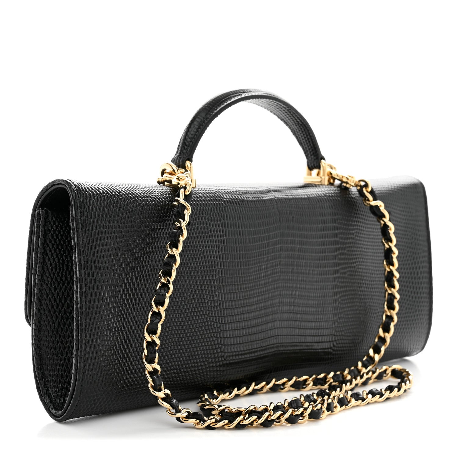 Chanel Calfskin Lizard Embossed Top Handle Long Clutch With Chain Black 3 of 11