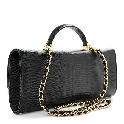Chanel Calfskin Lizard Embossed Top Handle Long Clutch With Chain Black 3 of 11
