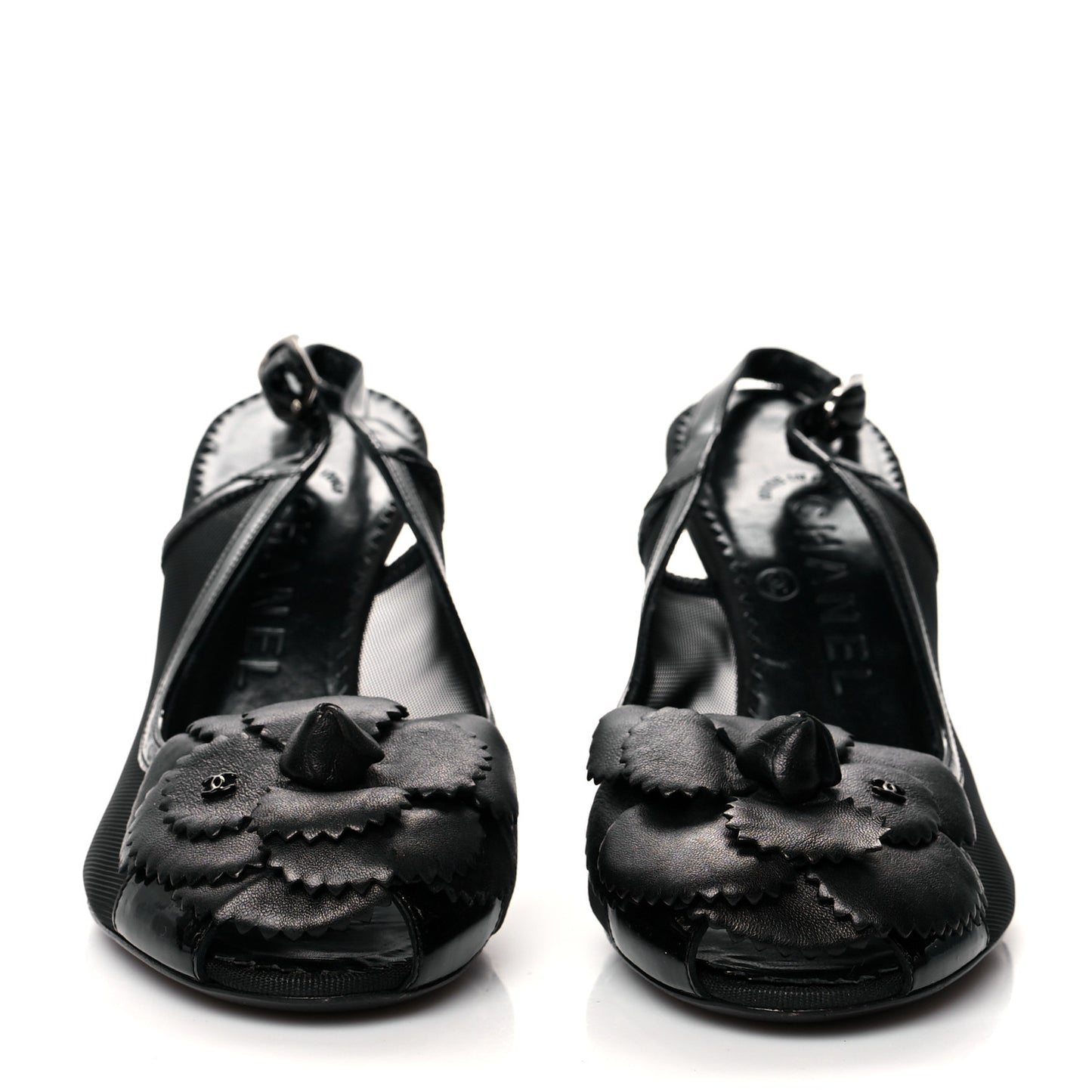Lambskin Mesh Patent Camellia Slingback Sandals 36.5 Black