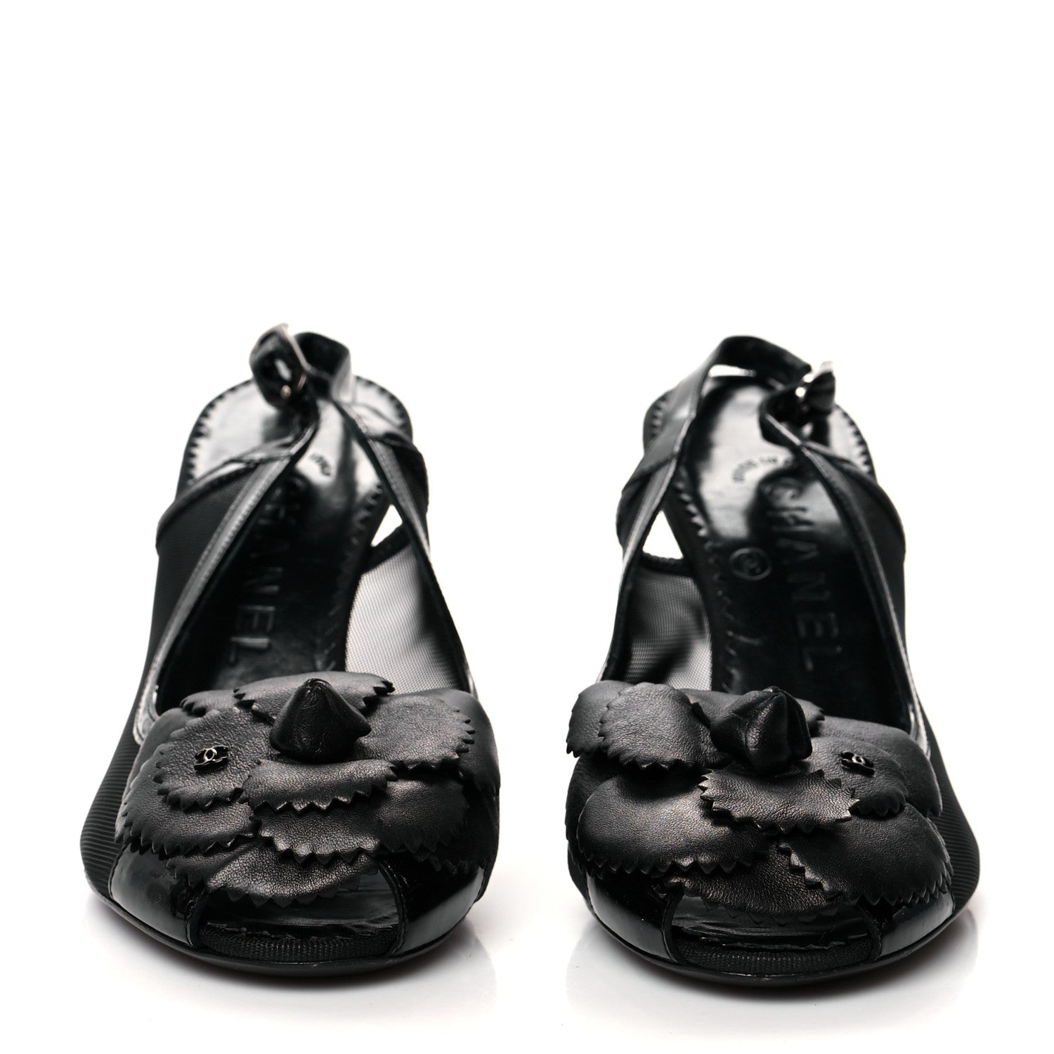 Chanel Lambskin Mesh Patent Camellia Slingback Sandals 36.5 Black 2 of 9