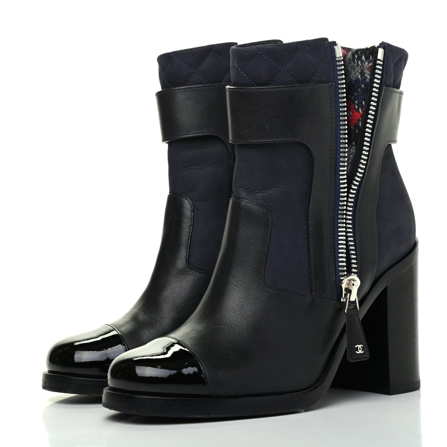 Calfskin Patent Cap Toe Short Ankle Boots 38 Navy Black