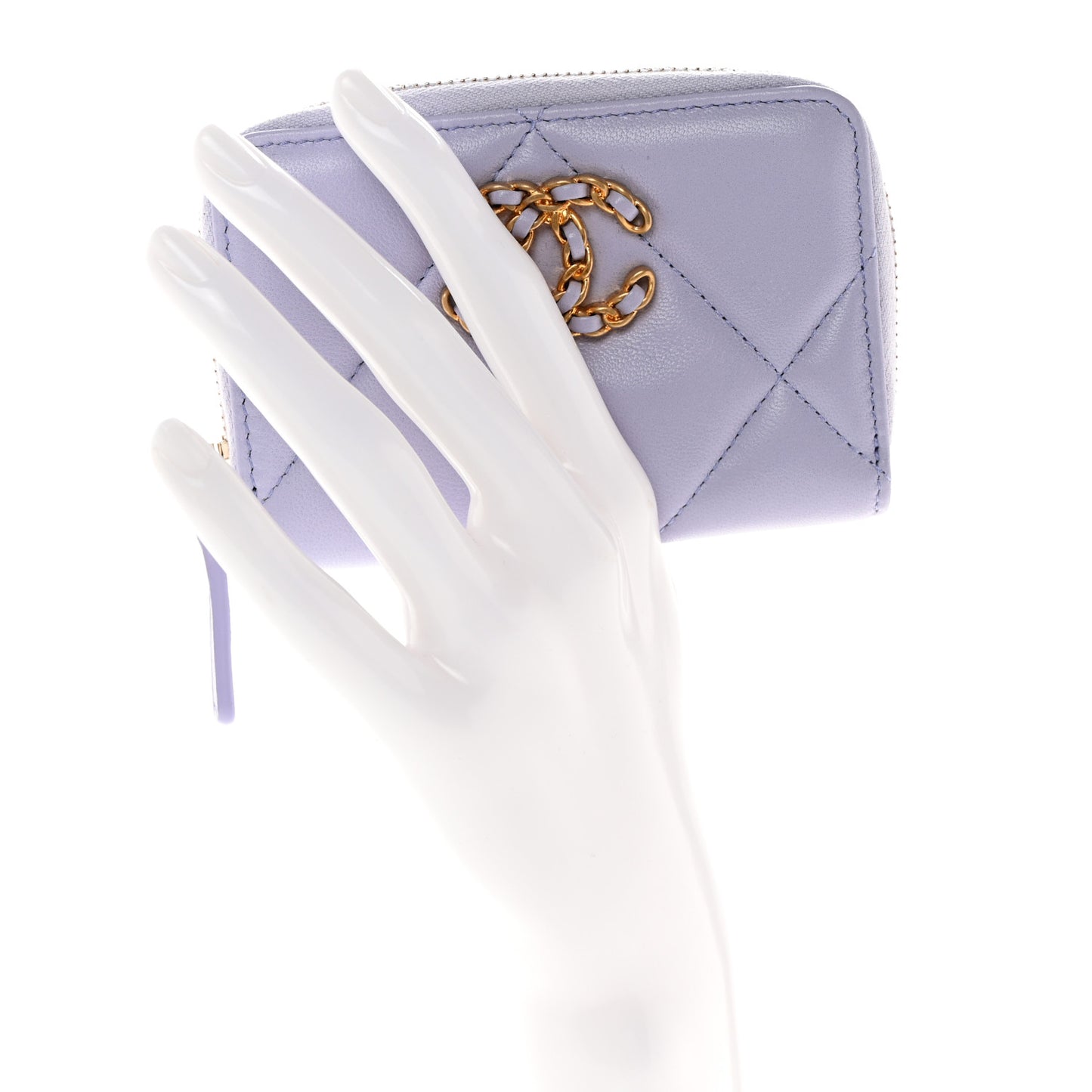 Lambskin Quilted Chanel 19 Zip Around Coin Purse Wallet Light Purple