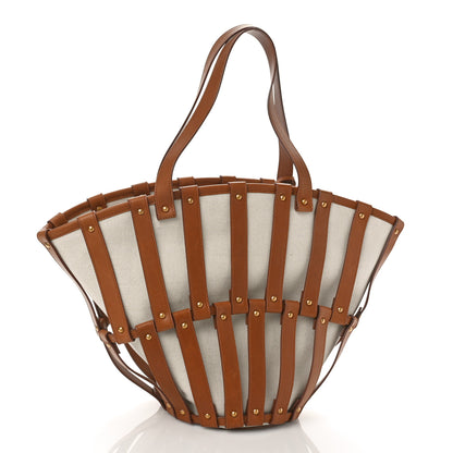 Saint Laurent Calfskin Canvas Beatrix Panier Cut Out Tote Grege Brick 3 of 8