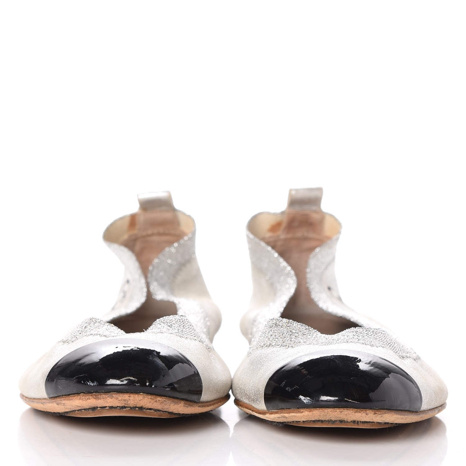 Chanel Metallic Lambskin Patent CC Cap Toe Ballerina Flats 40 Silver Black 2 of 11