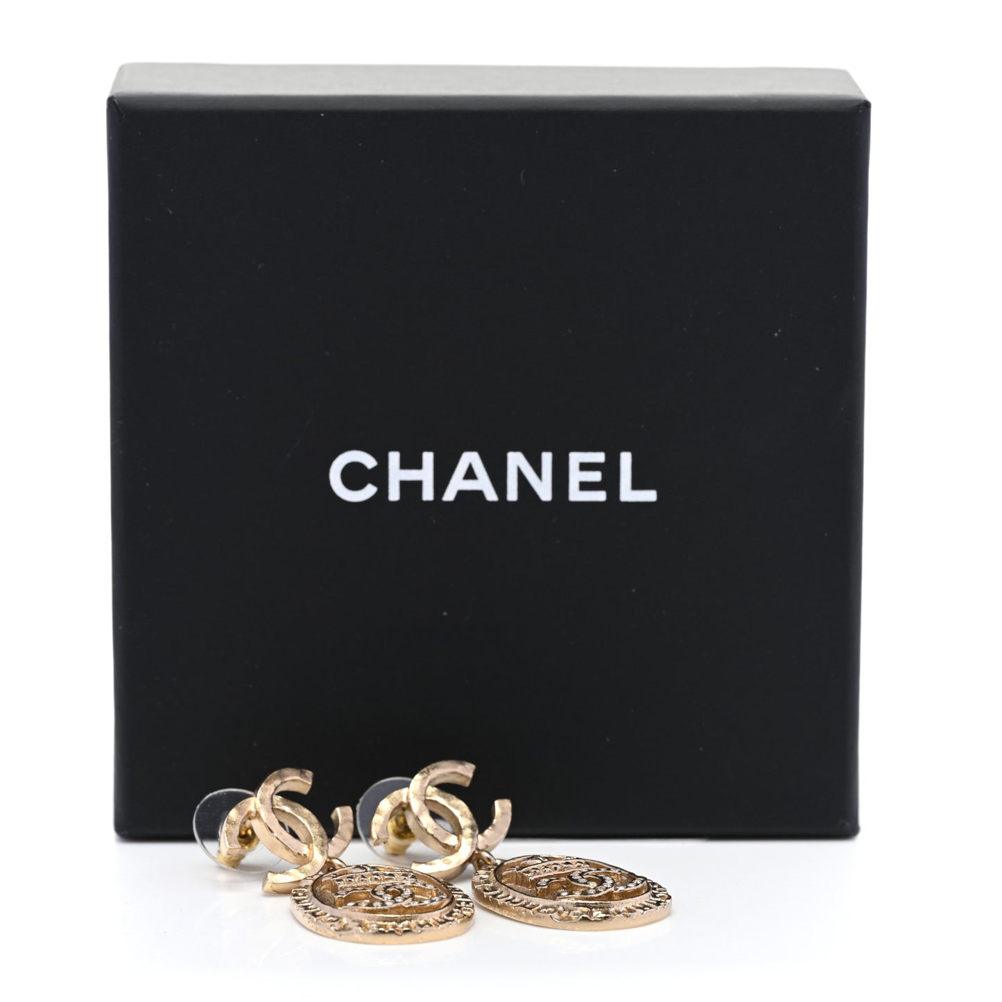 Crystal CC Medallion Drop Earrings Gold