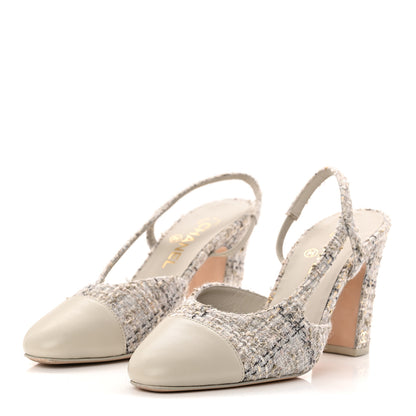 Chanel Wool Cotton Tweed Lambskin Cap Toe CC Slingback Pumps 39.5 Grey Black Gold 4 of 10