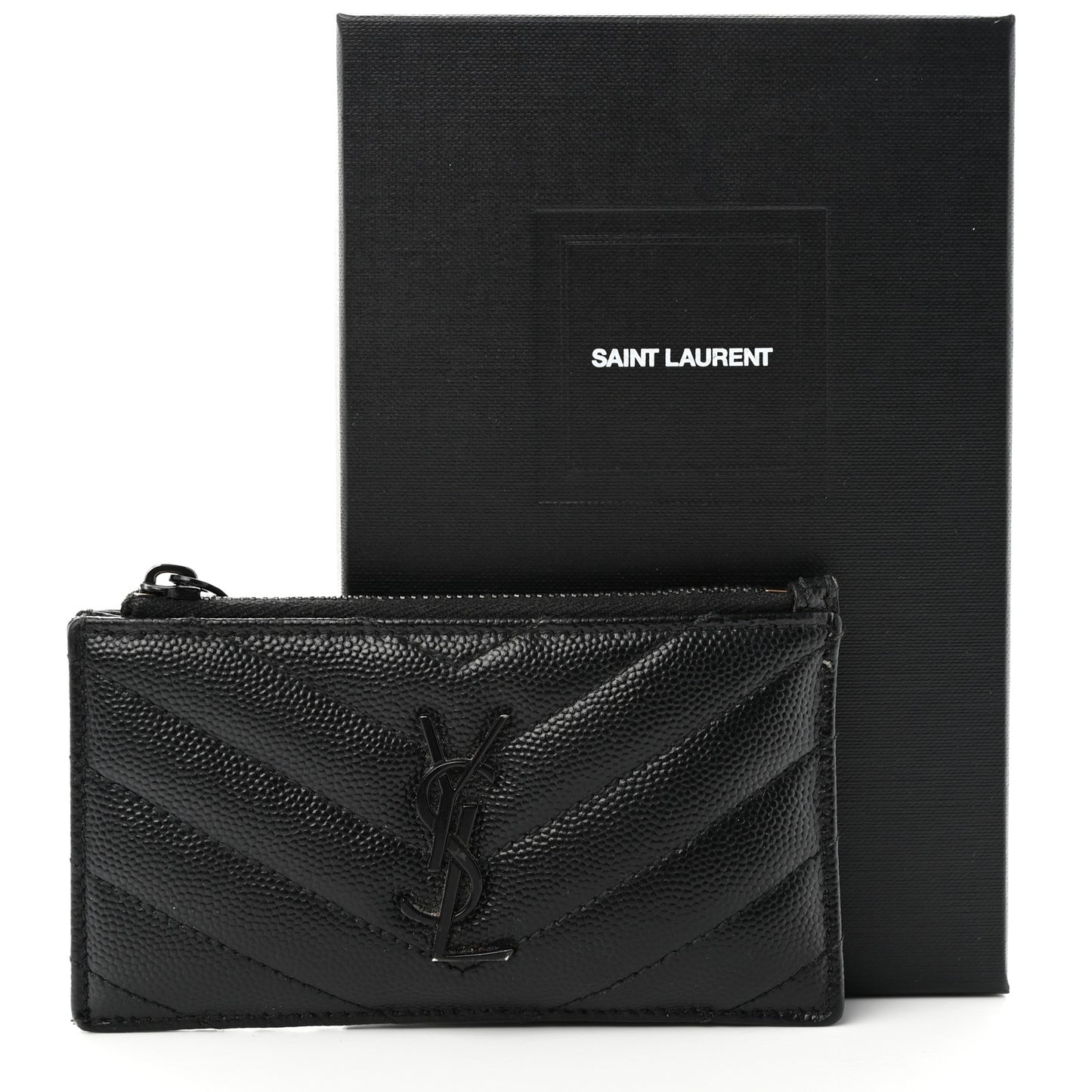 SAINT LAURENT Grain De Poudre Matelasse Chevron Monogram Fragments Zippered Card Case Black