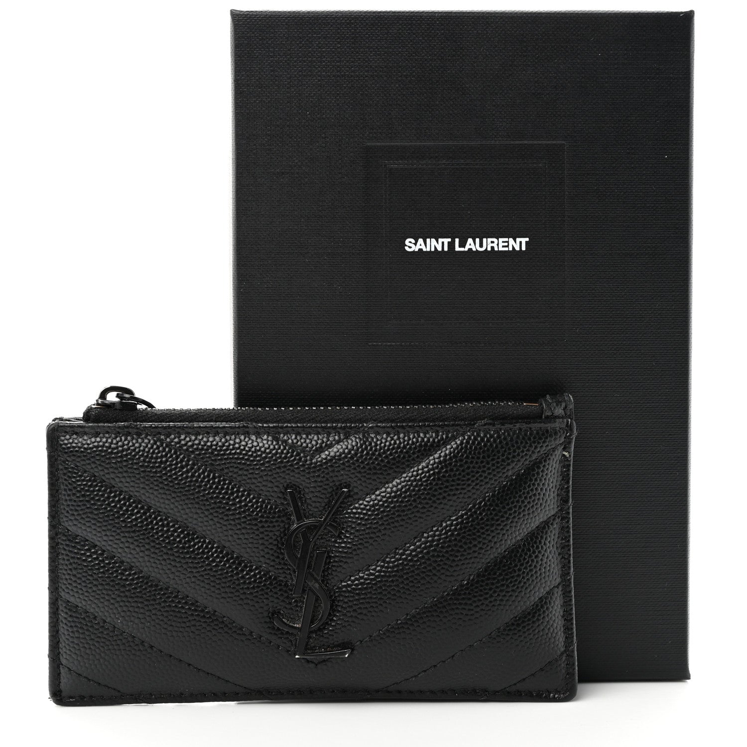 Saint Laurent SAINT LAURENT Grain De Poudre Matelasse Chevron Monogram Fragments Zippered Card Case Black 16 of 16