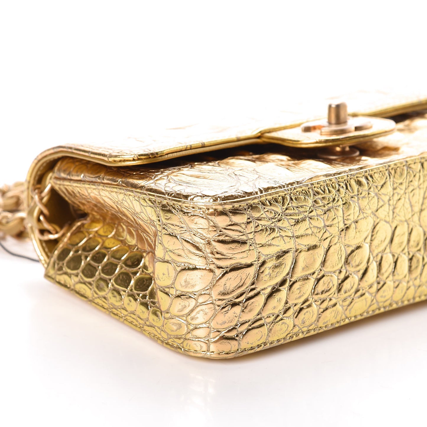 Metallic Calfskin Crocodile Embossed Cocodile Rectangular Mini Flap Gold
