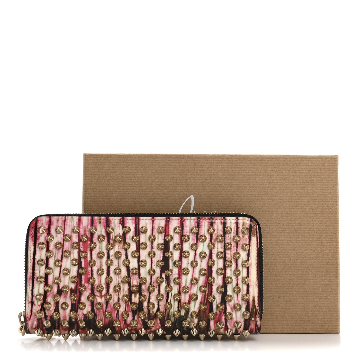 Christian Louboutin Patent Bazin Spikes Panettone Zip Wallet Pompadour 12 of 12