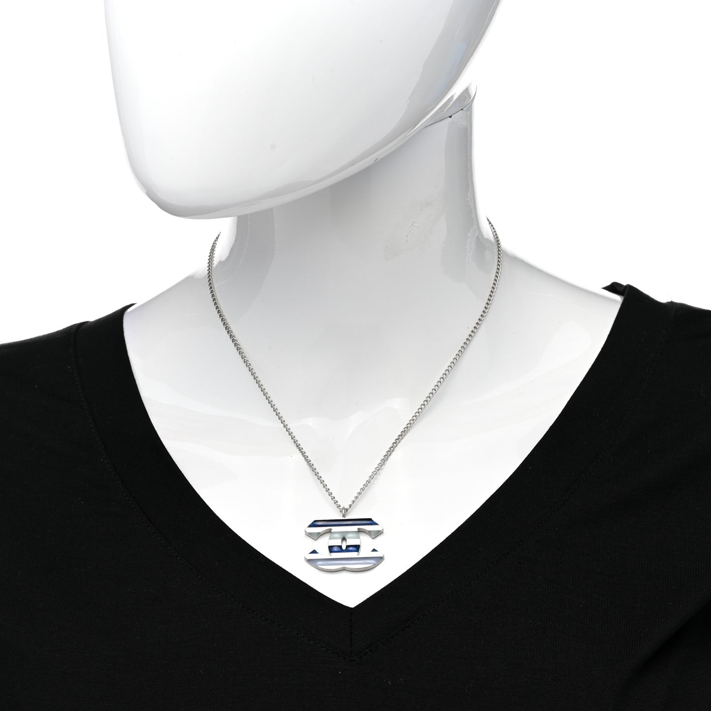 Enamel Striped CC Necklace Blue Silver
