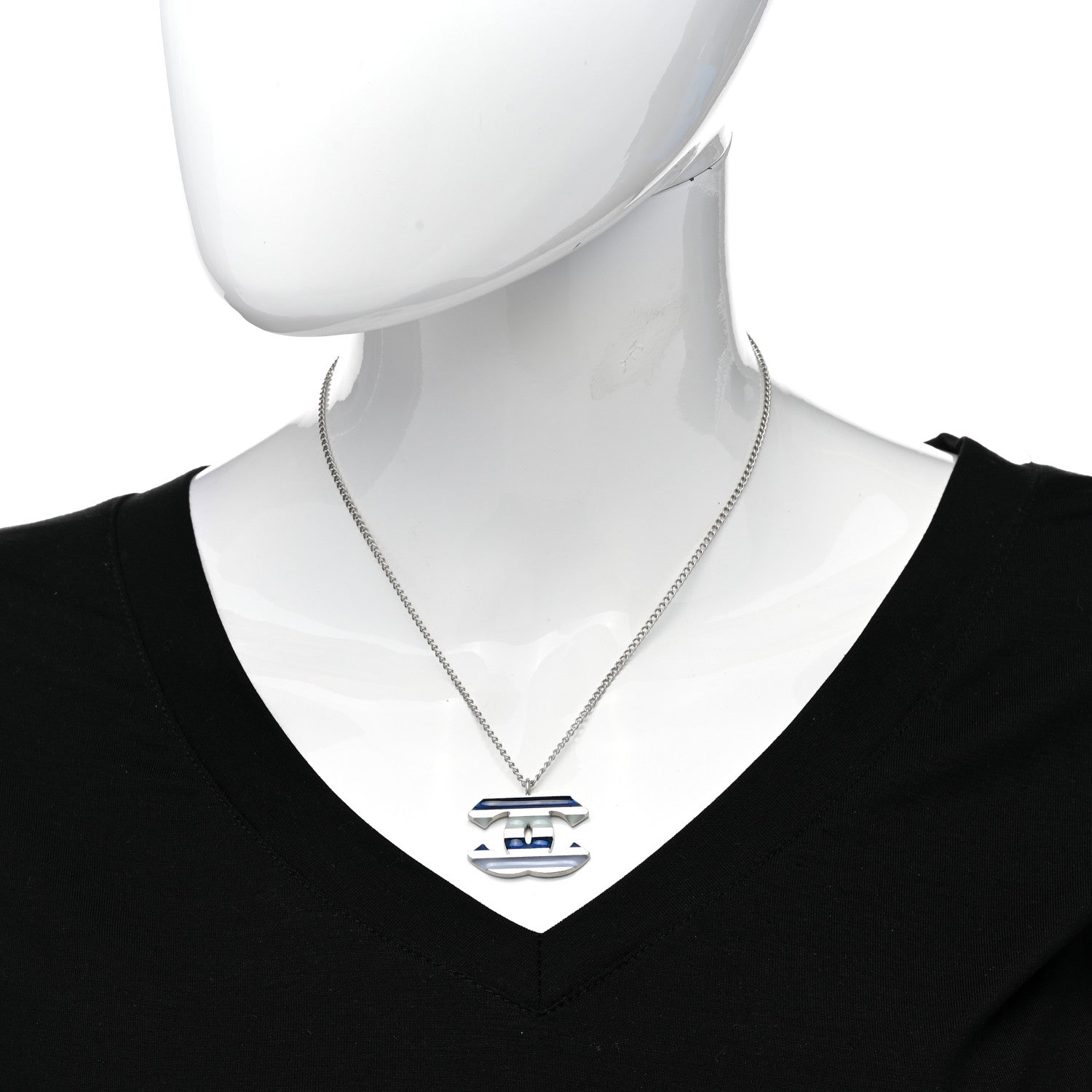 Chanel Enamel Striped CC Necklace Blue Silver 2 of 6
