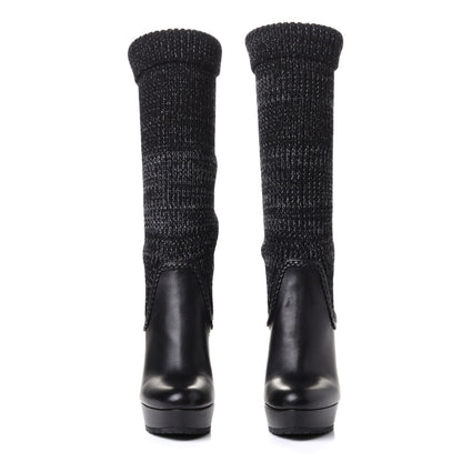Gucci Wool Calfskin Knee Length Sock Boots 38 Black 4 of 8
