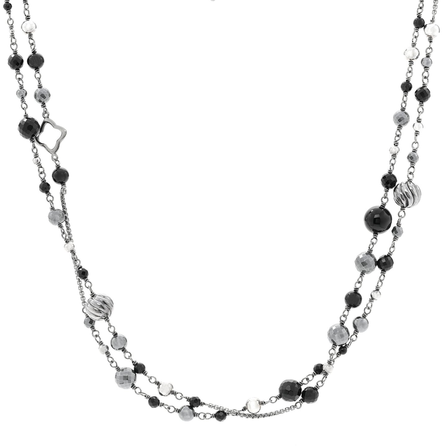 Darkened Sterling Silver Black Onyx Hematite Quatrefoil Bead Chain Necklace
