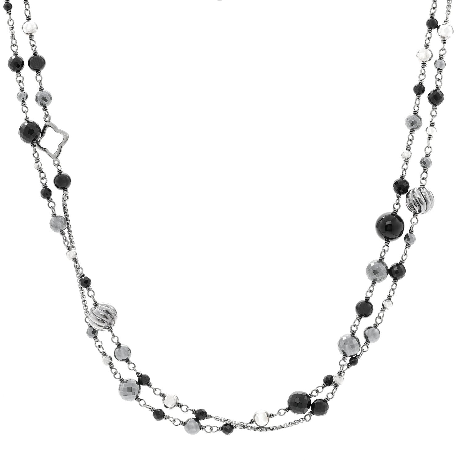 David Yurman Darkened Sterling Silver Black Onyx Hematite Quatrefoil Bead Chain Necklace 1 of 5