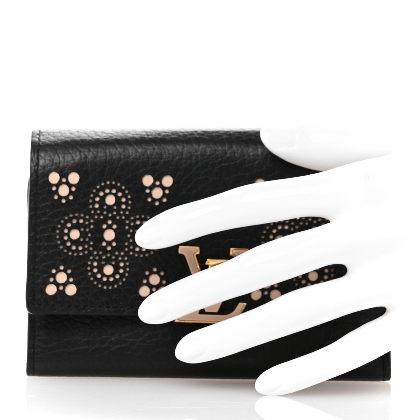 Taurillon Perforated Capucines Compact Wallet Black