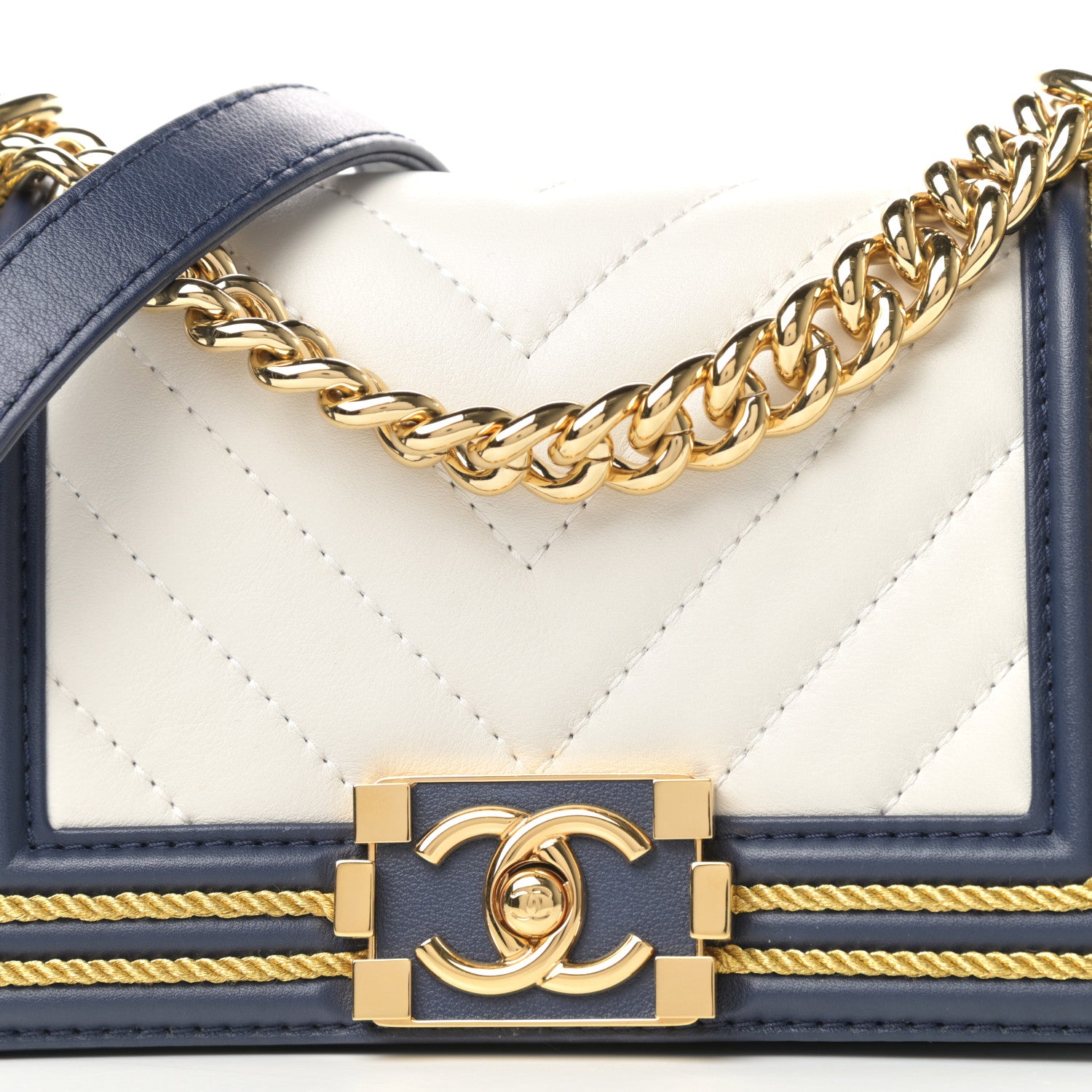 Chanel Calfskin Chevron Quilted Braided Small Boy Flap White Navy 10 of 11