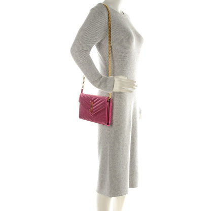 Saint Laurent Metallic Crackled Calfskin Matelasse Chevron Monogram Chain Wallet Fuchsia 2 of 6