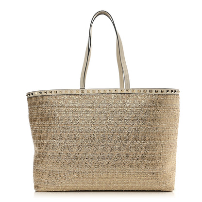 Valentino Garavani Metallic Boucle Raffia Calfskin Rockstud Shoulder Tote White Gold Ivory 1 of 9
