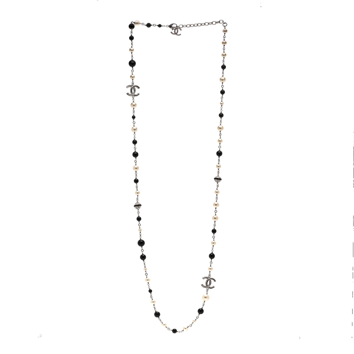 Pearl Crystal Bead CC Long Necklace Silver Black