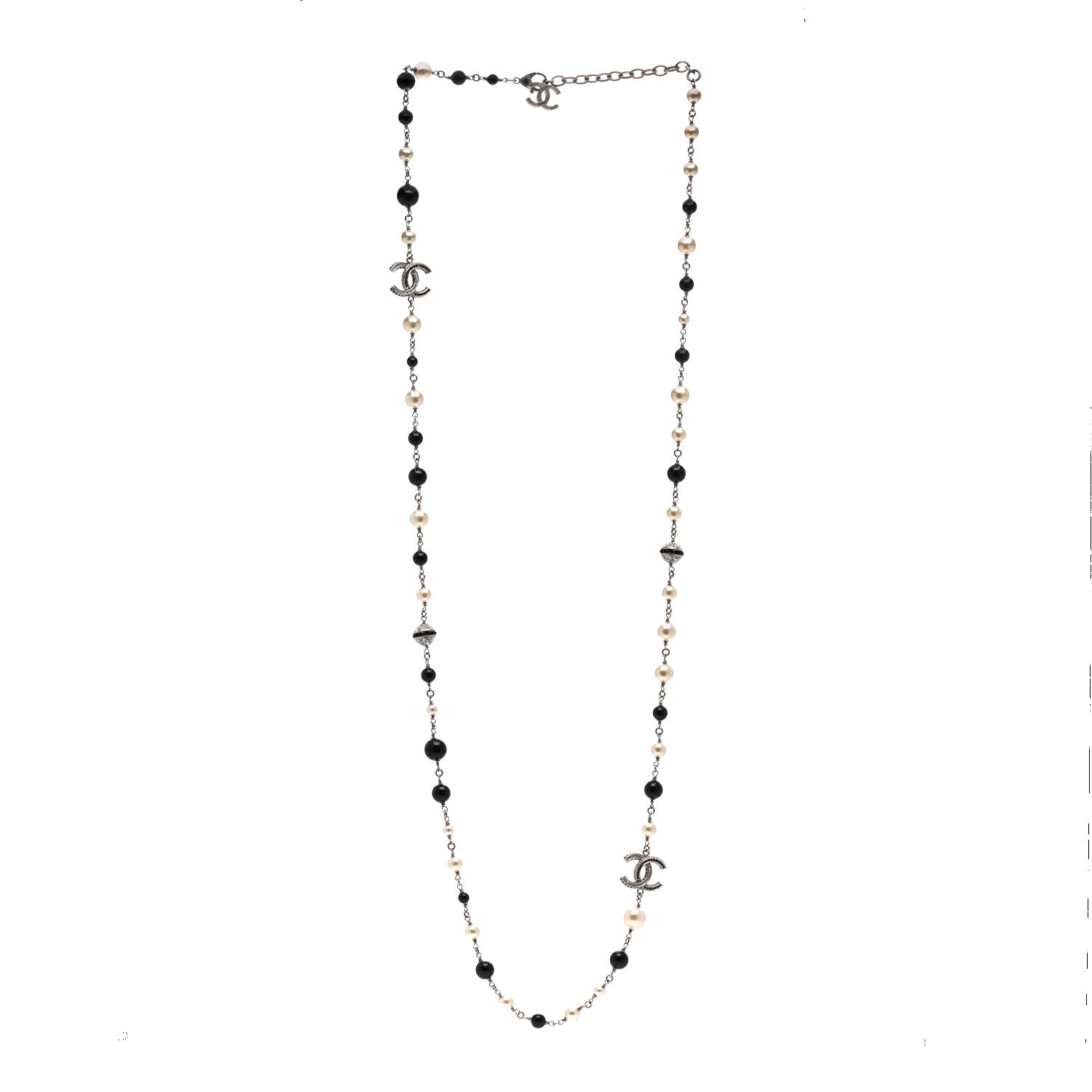 Chanel Pearl Crystal Bead CC Long Necklace Silver Black 3 of 5