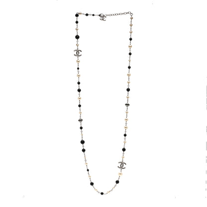 Chanel Pearl Crystal Bead CC Long Necklace Silver Black 3 of 5