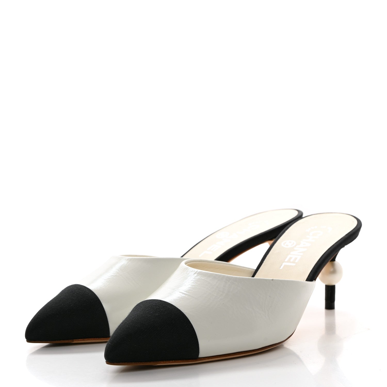 Chanel Patent Grosgrain Cap Toe Pearl Mule 37.5 White Black 3 of 11