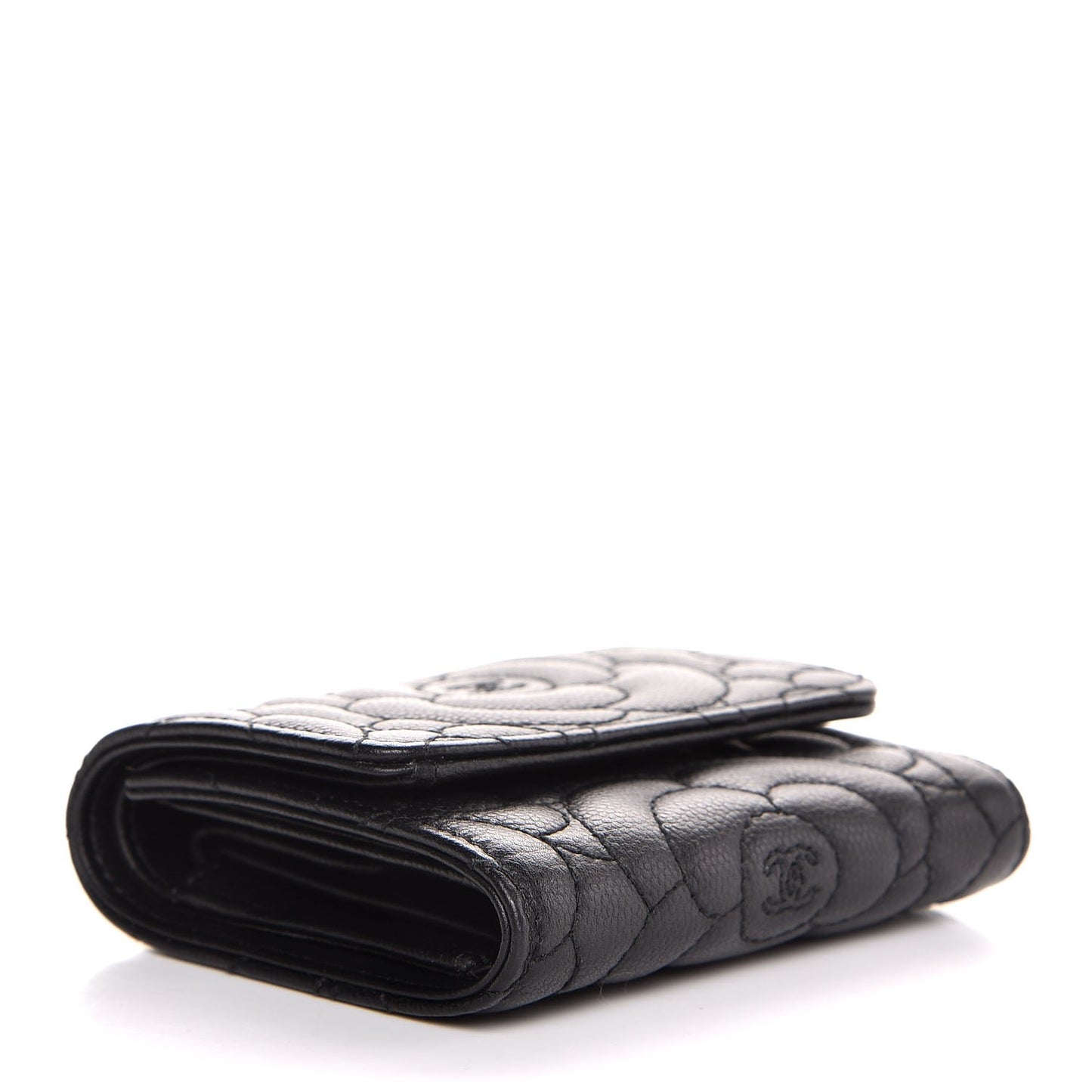 Caviar Camellia Embossed Compact Wallet Black