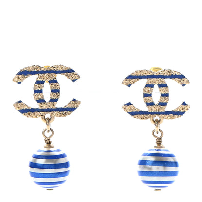 Chanel Resin Pearl Striped CC Drop Earrings Blue Gold 1 of 4