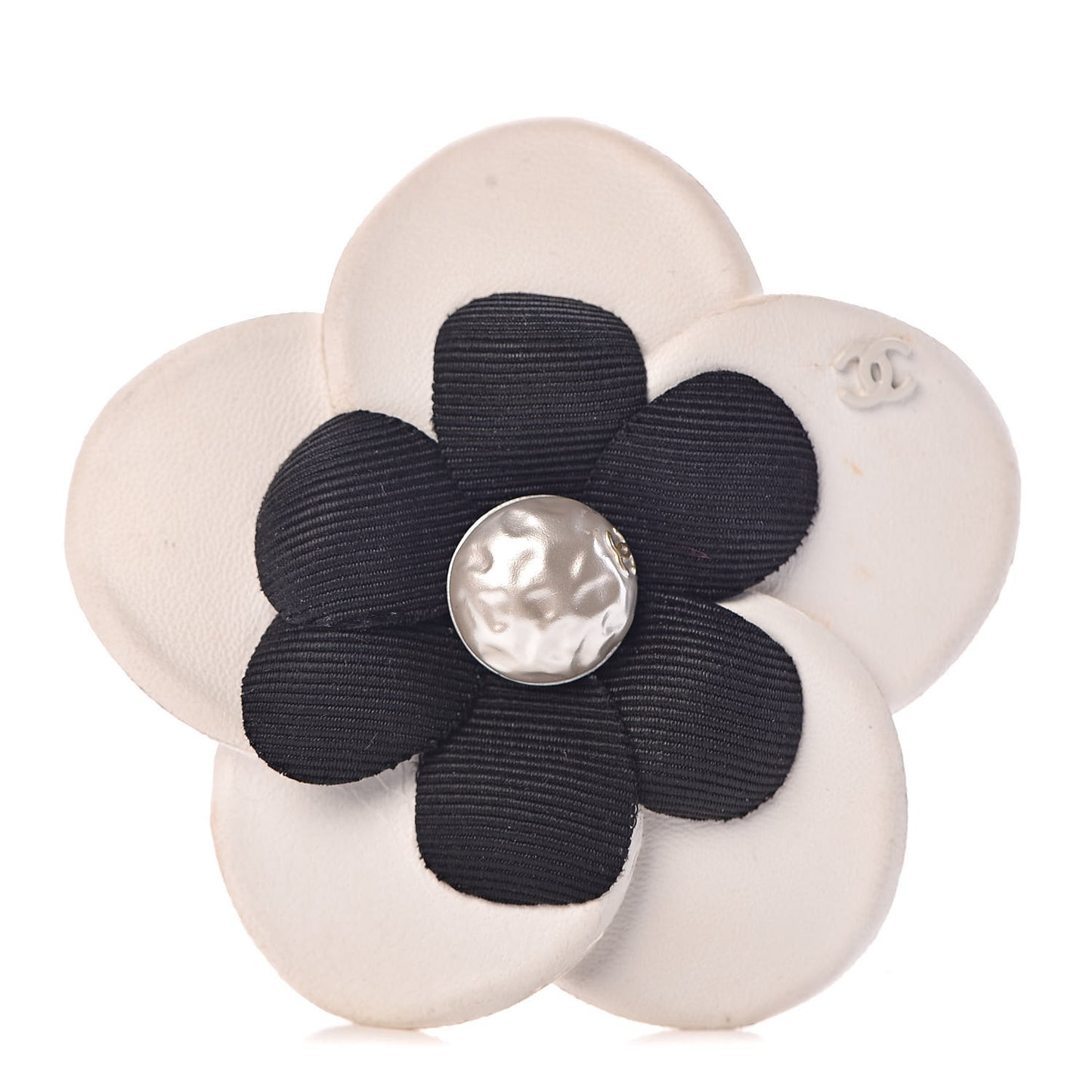 Lambskin Grosgrain Camellia Brooch Black White