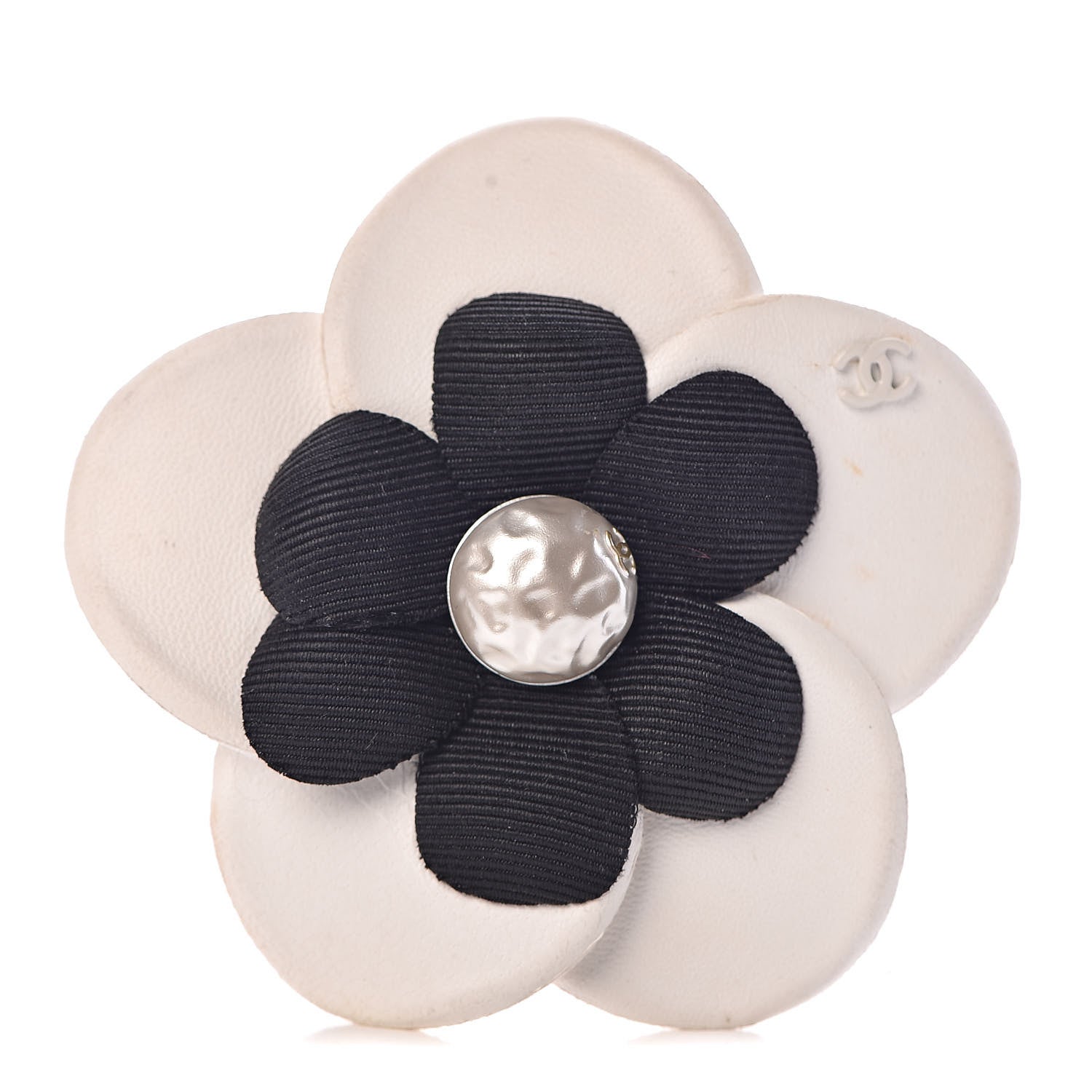 Chanel Lambskin Grosgrain Camellia Brooch Black White 1 of 5