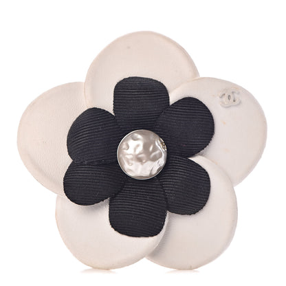 Chanel Lambskin Grosgrain Camellia Brooch Black White 1 of 5