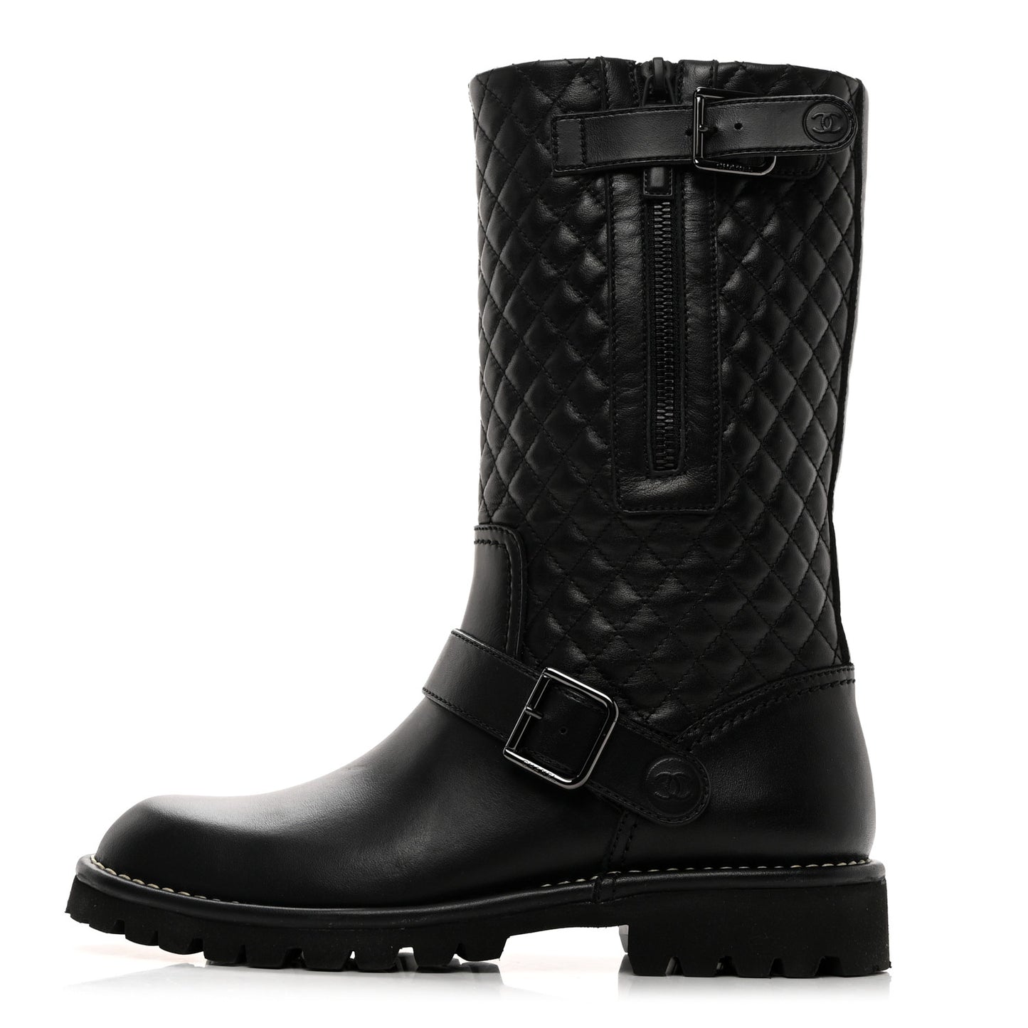 Calfskin Quilted Biker Boots 38 Black