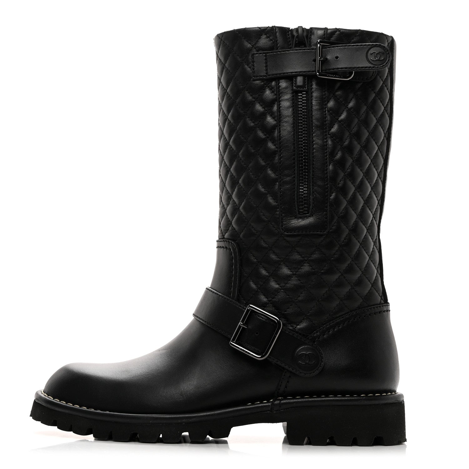 Chanel Calfskin Quilted Biker Boots 38 Black 1 of 9