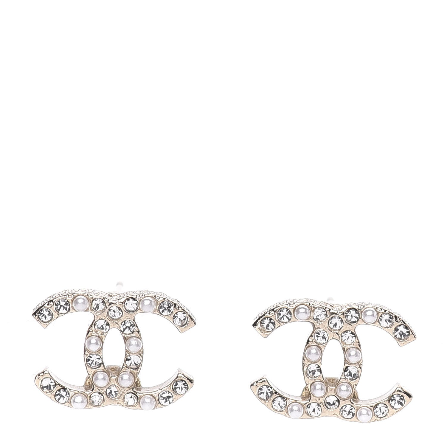 Chanel Pearl Crystal CC Charms Stud Earrings Light Gold 1 of 5