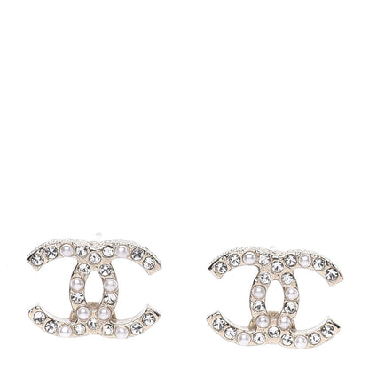 Chanel Pearl Crystal CC Charms Stud Earrings Light Gold 1 of 5