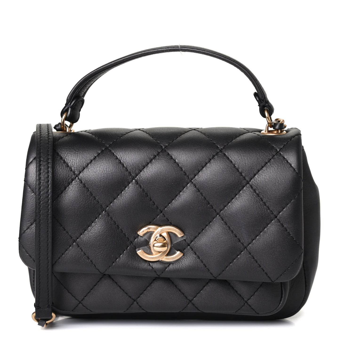 Calfskin Quilted Top Handle Flap Black