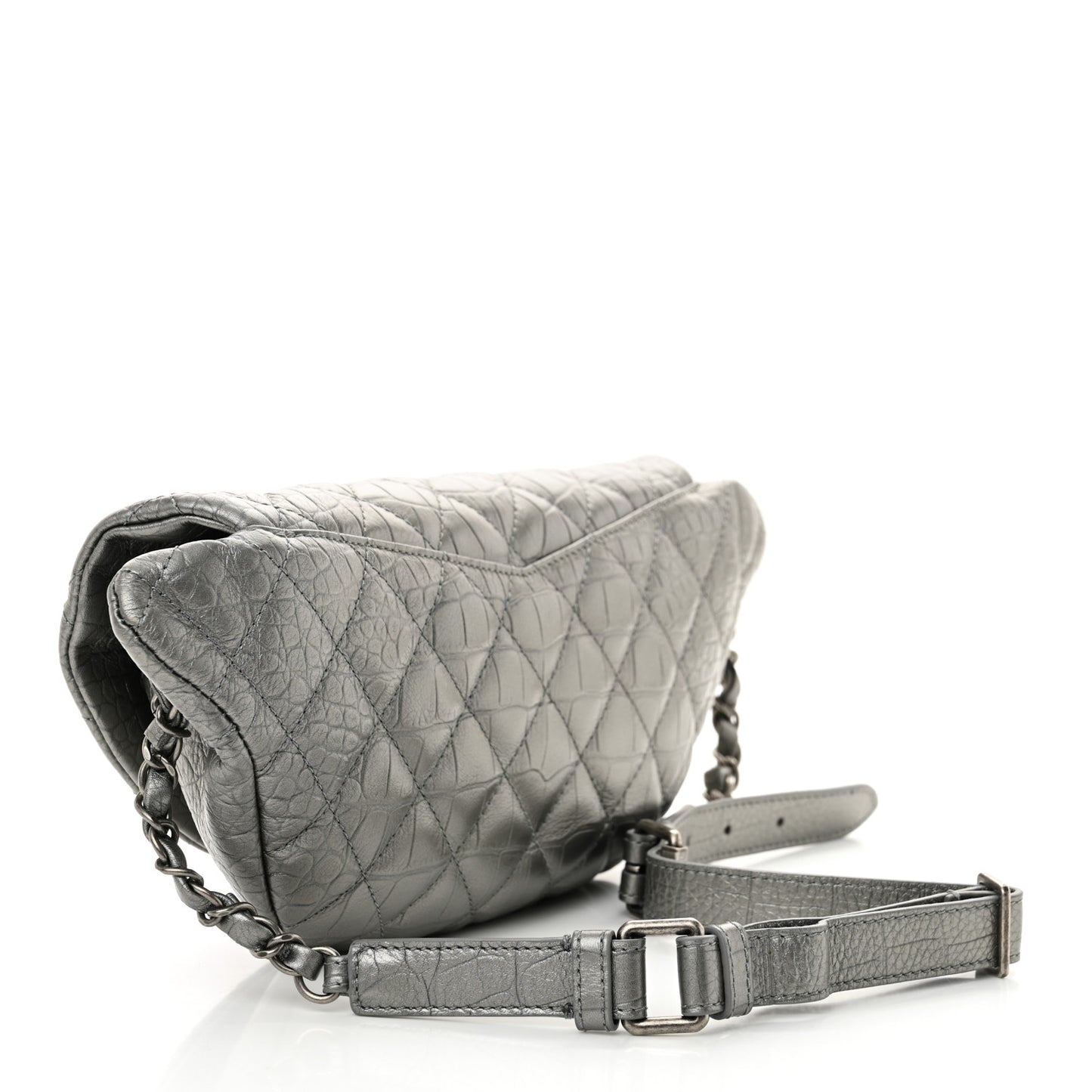 Metallic Calfskin Crocodile Embossed Quilted Easy Trip Waist Bag Fanny Pack Silver