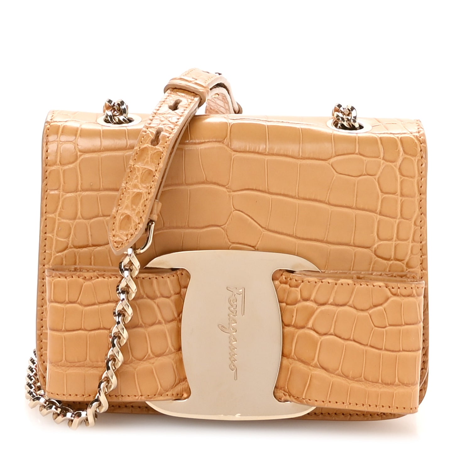 Crocodile Mini Vara Bow Crossbody Bag Beige