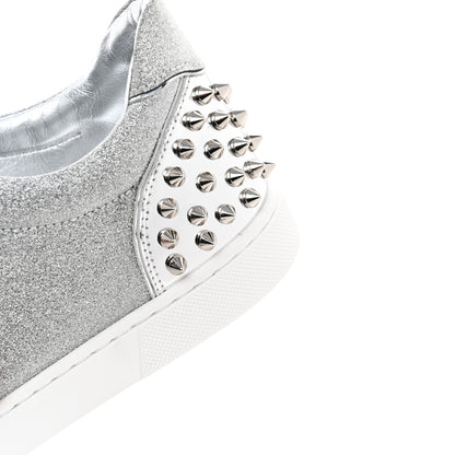 Christian Louboutin Glitter Metallic Calfskin Spikes Vieira 2 Flat Sneakers 37 Silver 9 of 10