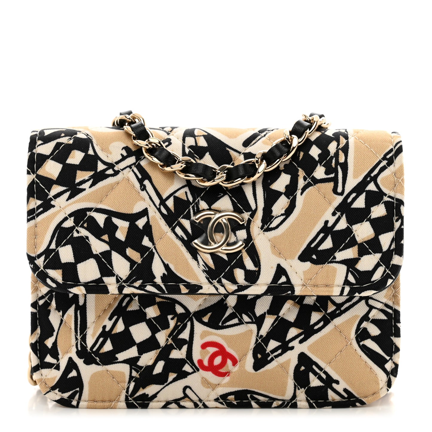 Canvas Check Flag Printed CC Clutch With Chain Beige Multicolor