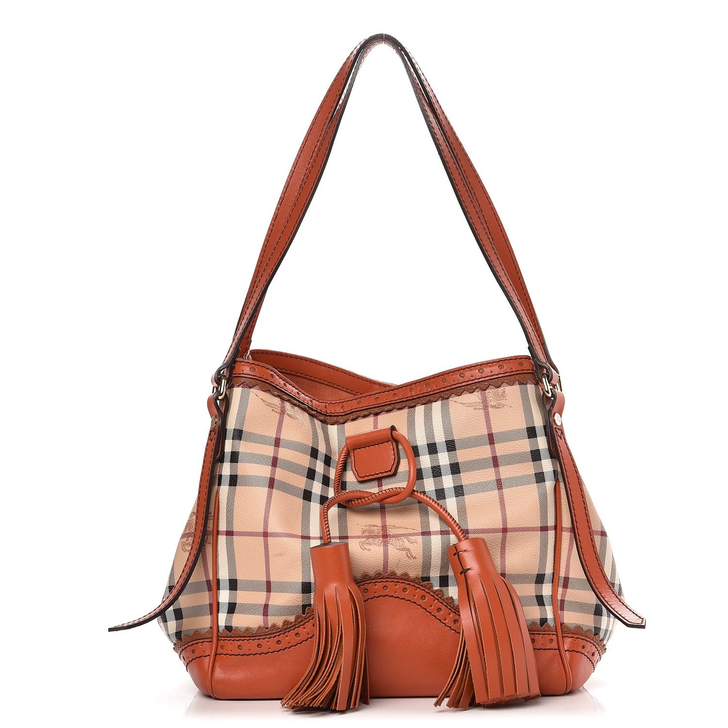 Haymarket Check Small Brogue Tassel Tote Bright Russet