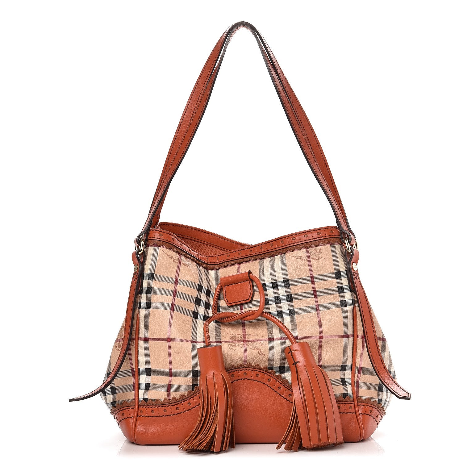 Burberry Haymarket Check Small Brogue Tassel Tote Bright Russet 1 of 12