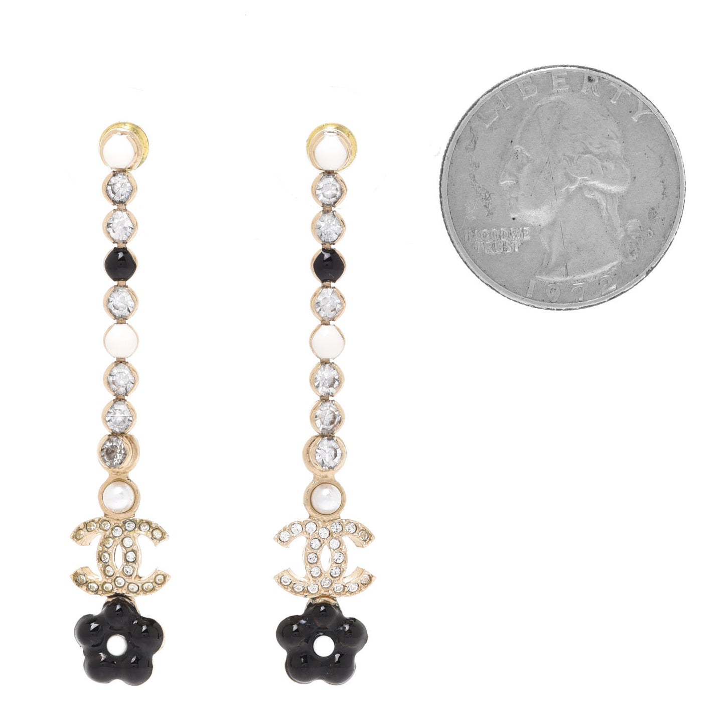Crystal Enamel Flower CC Drop Earrings Gold White Black